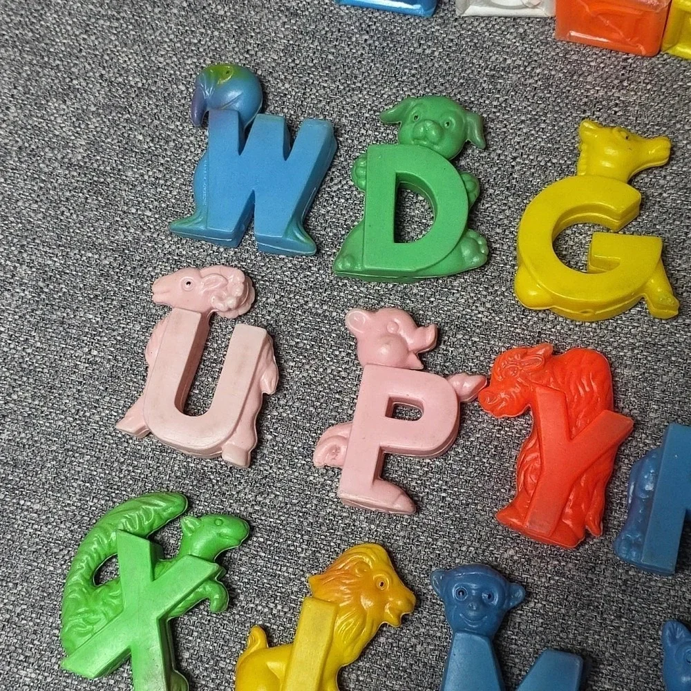 Vintage Blow Mold Soft Plastic ABC Letters Blocks Animals Nursery Toy Decor 60's
